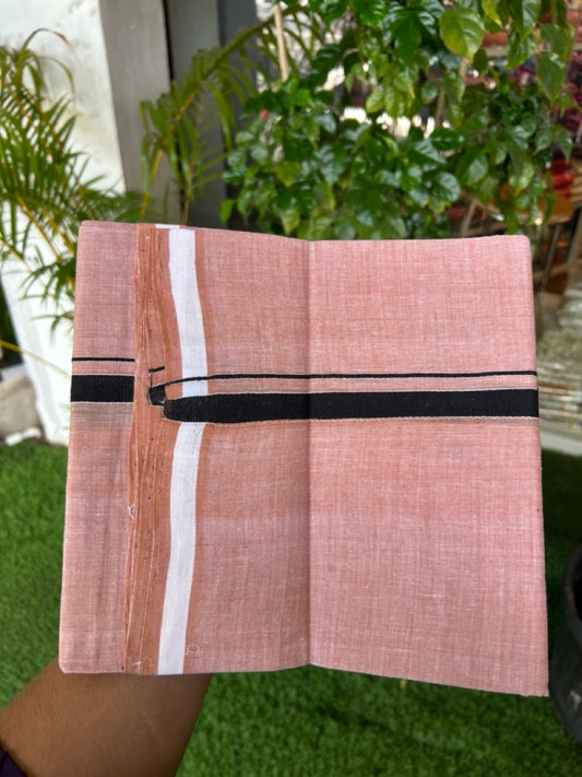 10% Discount !! KaithariKada 100% Pure Cotton - HANDLOOM Single Mundu/Dhoti Light Brown White Shaded COLOUR BODY & Black 0.5 inch Kara (2 meter / 4 muzham) - 21KK8020ELA