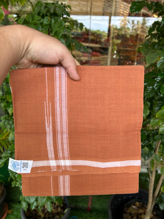 10% Discount !! KaithariKada 100% Pure Cotton - HANDLOOM Single Mundu/Dhoti  KAVI Brown COLOUR BODY & 0.75 inch Puliyilakkara White Striped Chutty Kara (2 meter / 4 muzham)- 4KK8020ELA