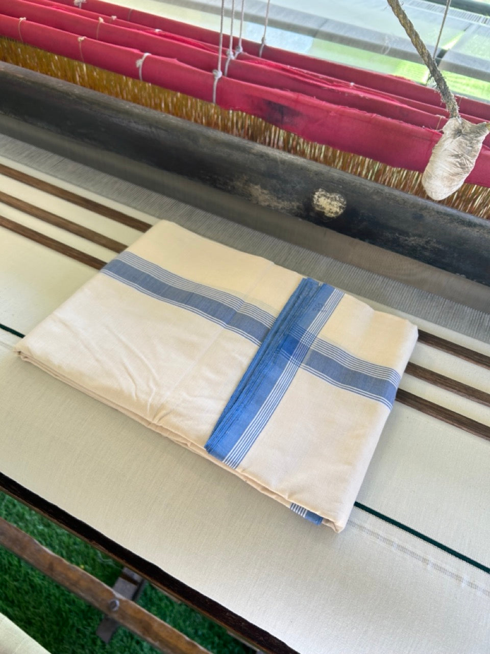 120X120 PREMIUM Kaitharikada Exclusive - 25% DISCOUNT! BALARAMAPURAM HANDLOOM Unakkupaavu - 100% PURE Cotton Double Mundu/Dhoti OFF WHITE (Unbleached) - 1.75 inch Blue Striped Kara - 4KK477KAL