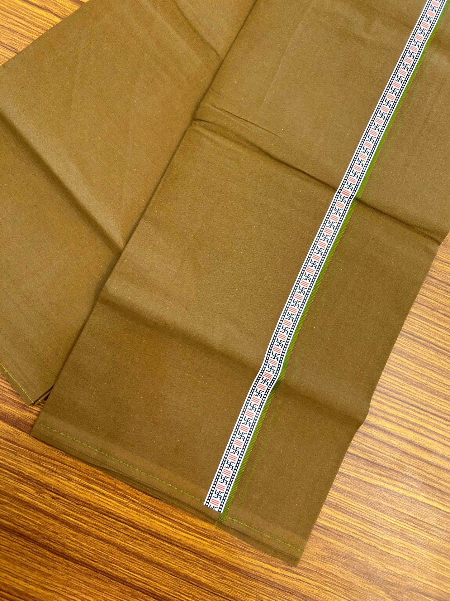 39% Discount! Kaitharikada - Pure Cotton - Single Kaily / Lungi - (60s) - 1 inch Light Olive Green & Multi colour Pattern Printed Kambi kara with Brown colour body (2 meter / 4 muzham) - 13 KK8043 GAN