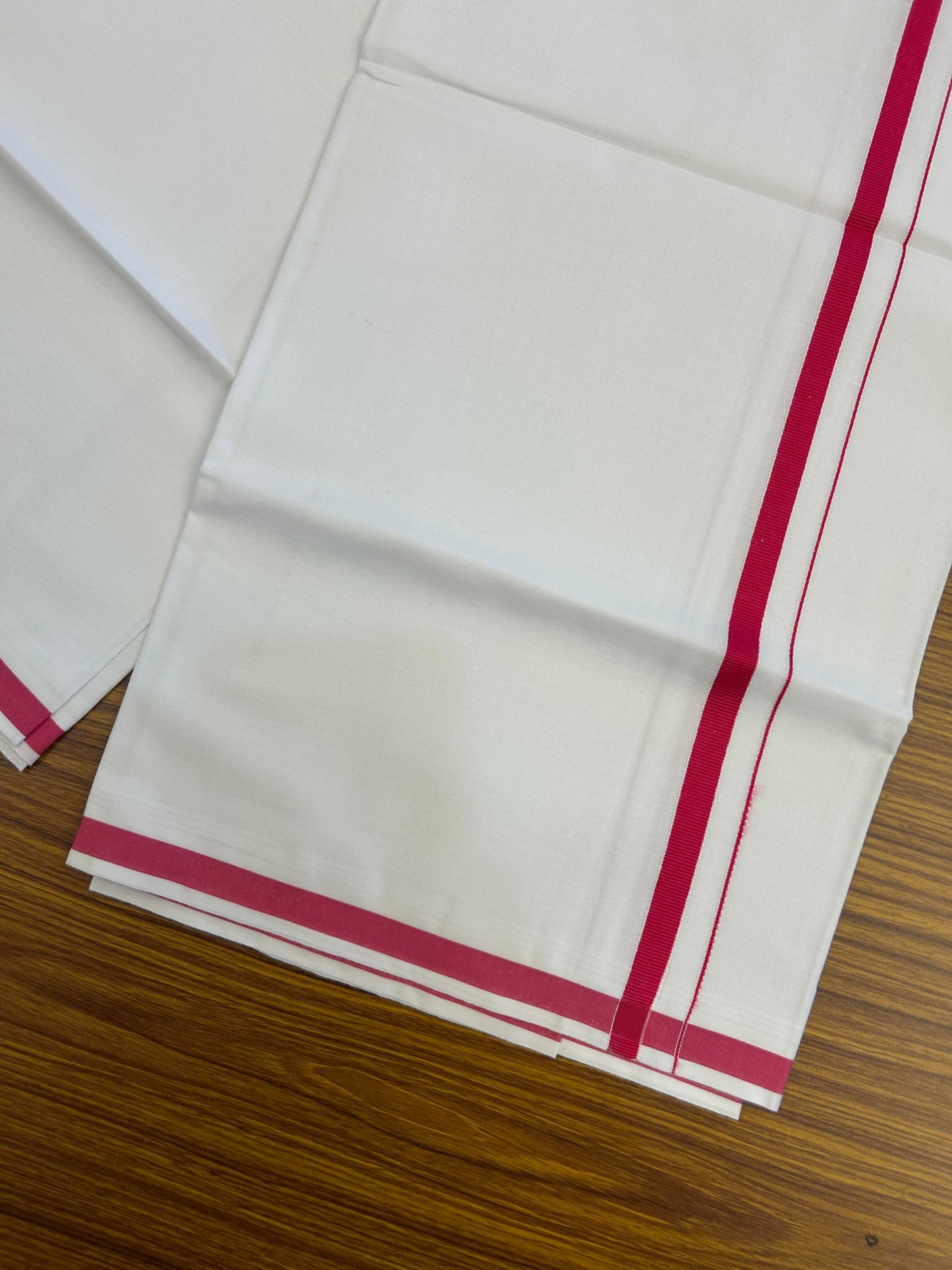 10% Discount ! KaithariKada Balaramapuram 100% Cotton Pure White Mill Bleached Single Mundu/Dhoti - 40s - 1 cm Dark Pink Kara (2 meter / 4 muzham) - 5 KK5364 MC