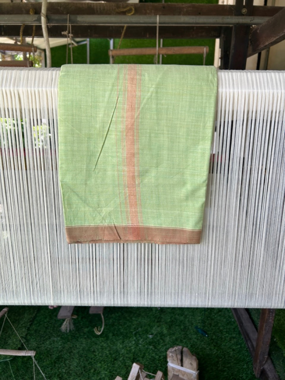 15% DISCOUNT ! KaithariKada Kalamachal 100% Pure Cotton - (80X80) Twisted Thread Handloom Single Mundu/Dhoti - Light Green COLOUR BODY & Brown stripes 1.5 inch Kara- 15KK479KAL