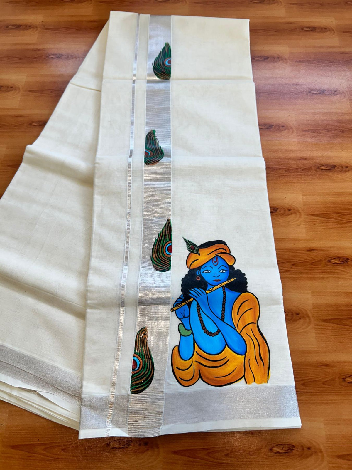 Double Off White (Unbleached) Mundu/Dhoti - 20% Discount!! KaithariKada Pure Cotton (80s) - 1.5 inch Silver Kasav Kara with Peacock Feather & Lord Krishna Mural Painting 4 mtr (8.5 Muzham) - 24 KK5487 CKS
