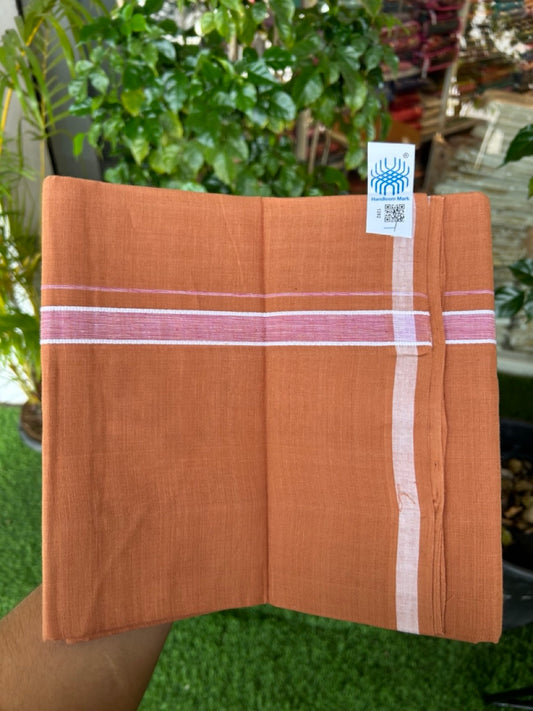 10% Discount !! KaithariKada 100% Pure Cotton - HANDLOOM Single Mundu/Dhoti  KAVI Brown COLOUR BODY 2 cm White & Light Pink Shaded Kara (2 meter / 4 muzham)- 14KK8020ELA