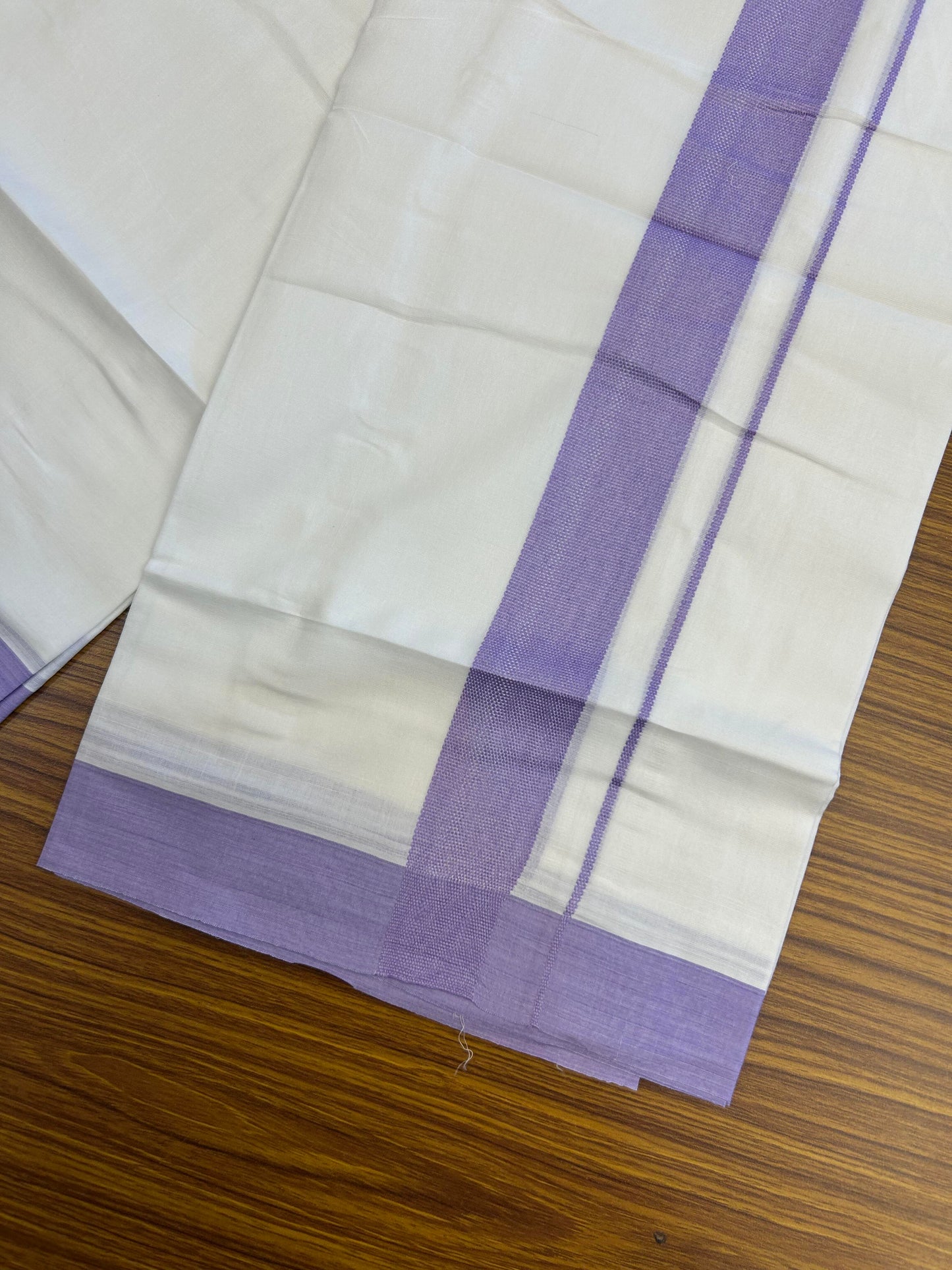 20% Discount ! Kaitharikada Balaramapuram 100% Cotton Pure White Double Mundu/Dothi - 100x80 - 1.5 inch Light Violet Kara - 3.90 m (8 muzham) - 15 KK5364 MC