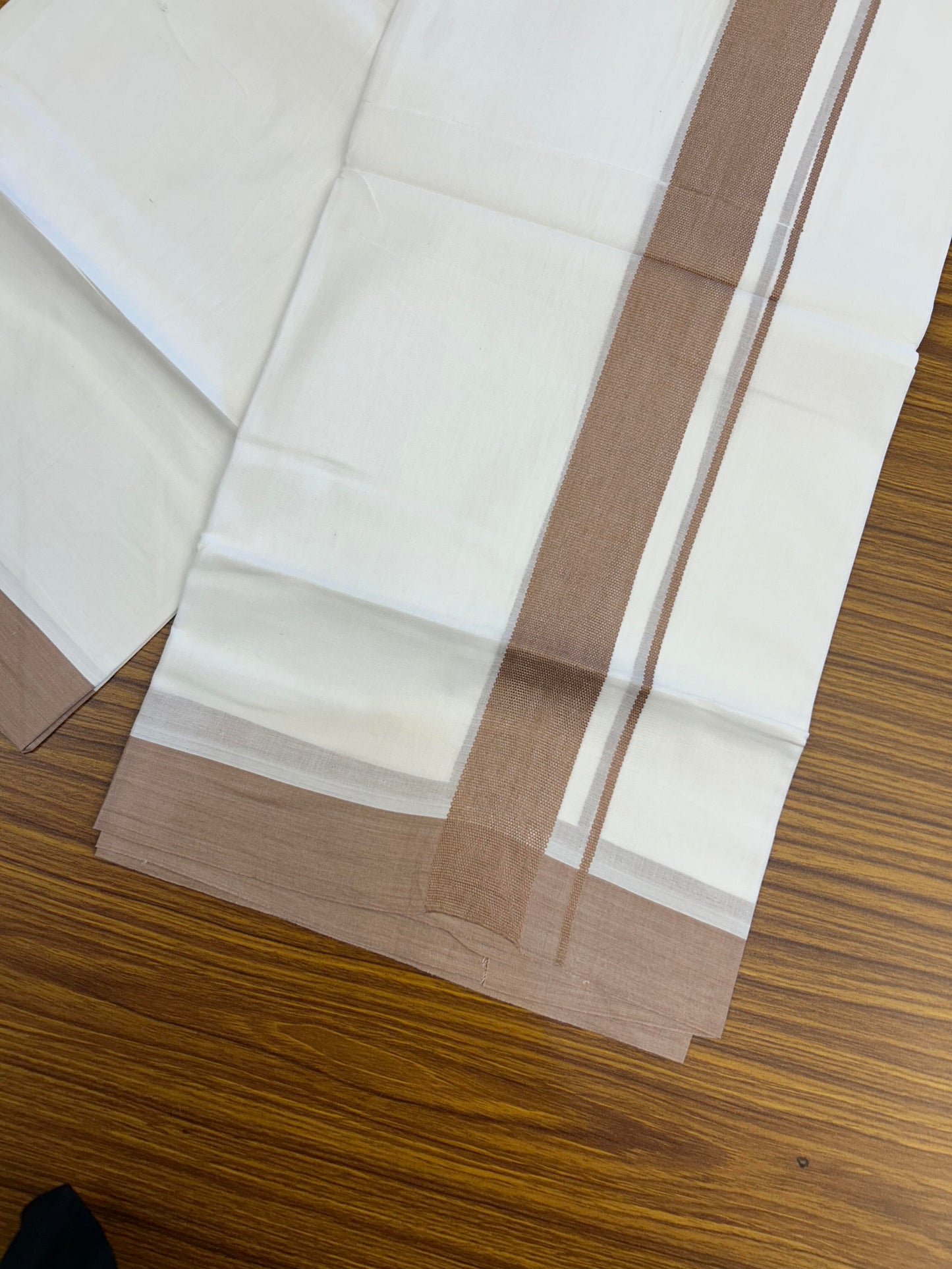 20% Discount ! Kaitharikada Balaramapuram 100% Cotton Pure White Double Mundu/Dothi - 100x80 - 1.5 inch Dusty Peach Kara - 3.90 m (8 muzham) - 18 KK5364 MC