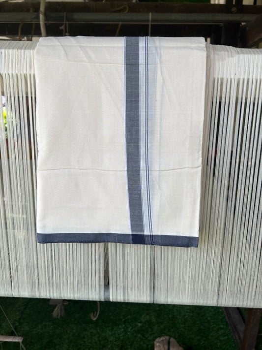 120X120 PREMIUM Kaitharikada Exclusive - 25% DISCOUNT! BALARAMAPURAM HANDLOOM Unakkupaavu - 100% PURE Cotton Double Mundu/Dhoti OFF WHITE (Unbleached) - 1.25 inch Black Striped Kara - 5KK477KAL