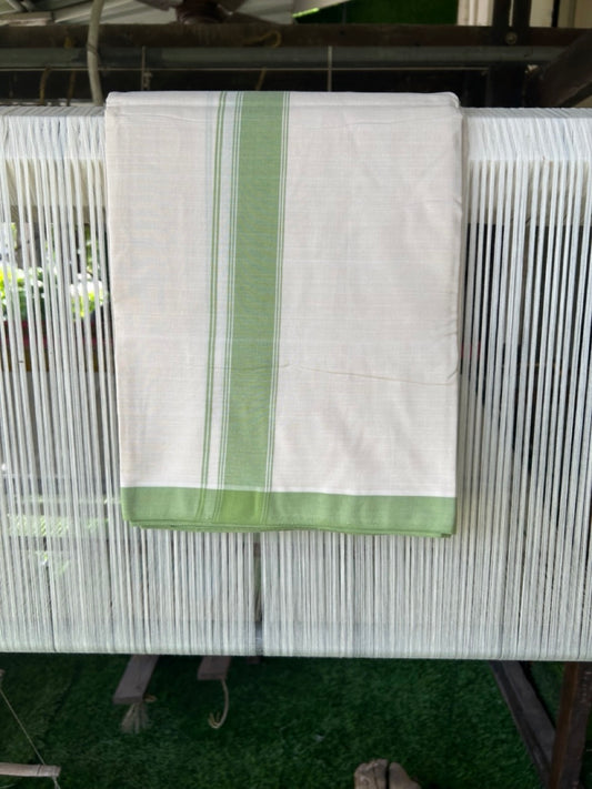120X120 PREMIUM Kaitharikada Exclusive -25% DISCOUNT! BALARAMAPURAM HANDLOOM Unakkupaavu - 100% PURE Cotton Double Mundu/Dhoti OFF WHITE (Unbleached) - 2 inch Light Green Striped Kara - 6KK477KAL
