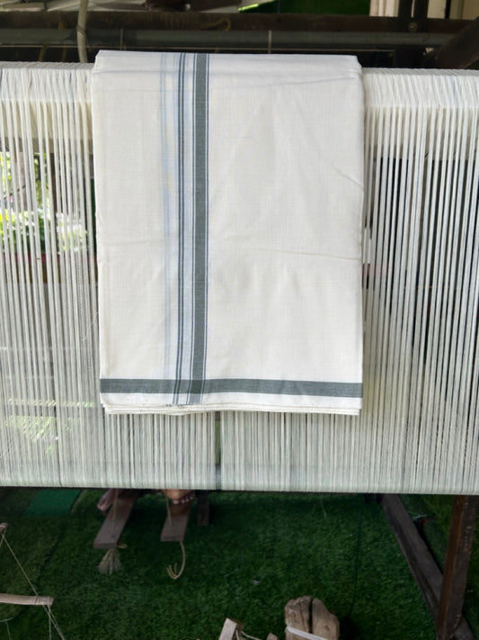 120X120 PREMIUM Kaitharikada Exclusive - 25% DISCOUNT! BALARAMAPURAM HANDLOOM Unakkupaavu - 100% PURE Cotton Double Mundu/Dhoti OFF WHITE (Unbleached) - 1 inch Green Striped Kara - 7KK477KAL