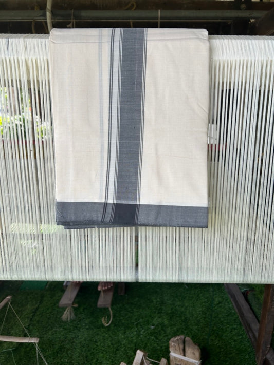 120X120 PREMIUM Kaitharikada Exclusive - 25% DISCOUNT! BALARAMAPURAM HANDLOOM Unakkupaavu - 100% PURE Cotton Double Mundu/Dhoti OFF WHITE ( Unbleached) - 2 inch Black Striped Kara - 2KK477KAL