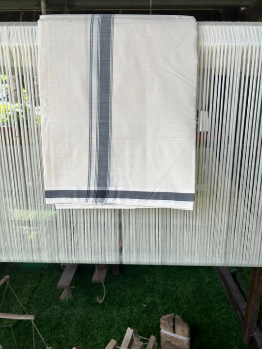 120X120 PREMIUM Kaitharikada Exclusive - 25% DISCOUNT! BALARAMAPURAM HANDLOOM Unakkupaavu - 100% PURE Cotton Double Mundu/Dhoti OFF WHITE (Unbleached) - 1.5 inch Black Striped Kara - 3KK477KAL