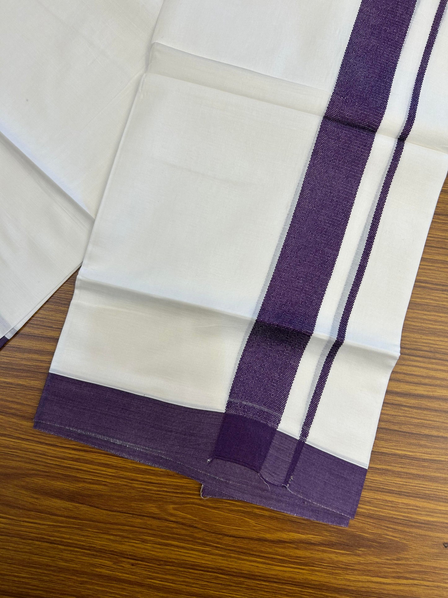 20% Discount ! Kaitharikada Balaramapuram 100% Cotton Pure White Double Mundu/Dothi - 100x80 - 1.5 inch Purple Kara - 3.90 m (8 muzham) - 17 KK5364 MC