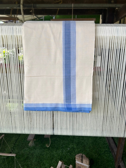120X120 PREMIUM Kaitharikada Exclusive - 25% DISCOUNT! BALARAMAPURAM HANDLOOM Unakkupaavu - 100% PURE Cotton Double Mundu/Dhoti OFF WHITE (Unbleached) - 1.75 inch Blue Striped Kara - 4KK477KAL