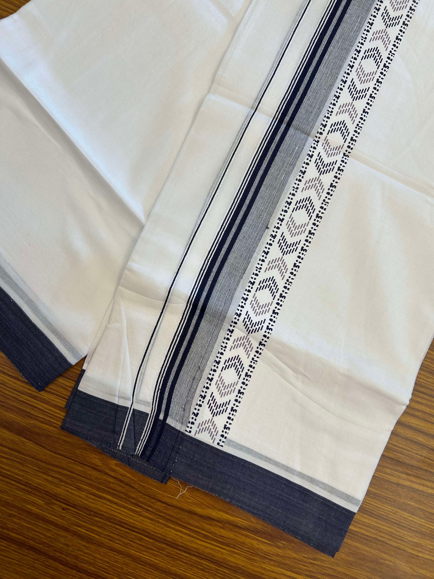20% Discount ! KaithariKada Balaramapuram Cotton Double Pure white Mundu/Dhoti- 60s - 2.5 inch Navy Blue & Ash Purple Printed Stripes Design Kara - 3.65 mtr (8 muzham) - 12 KK5309 GAN