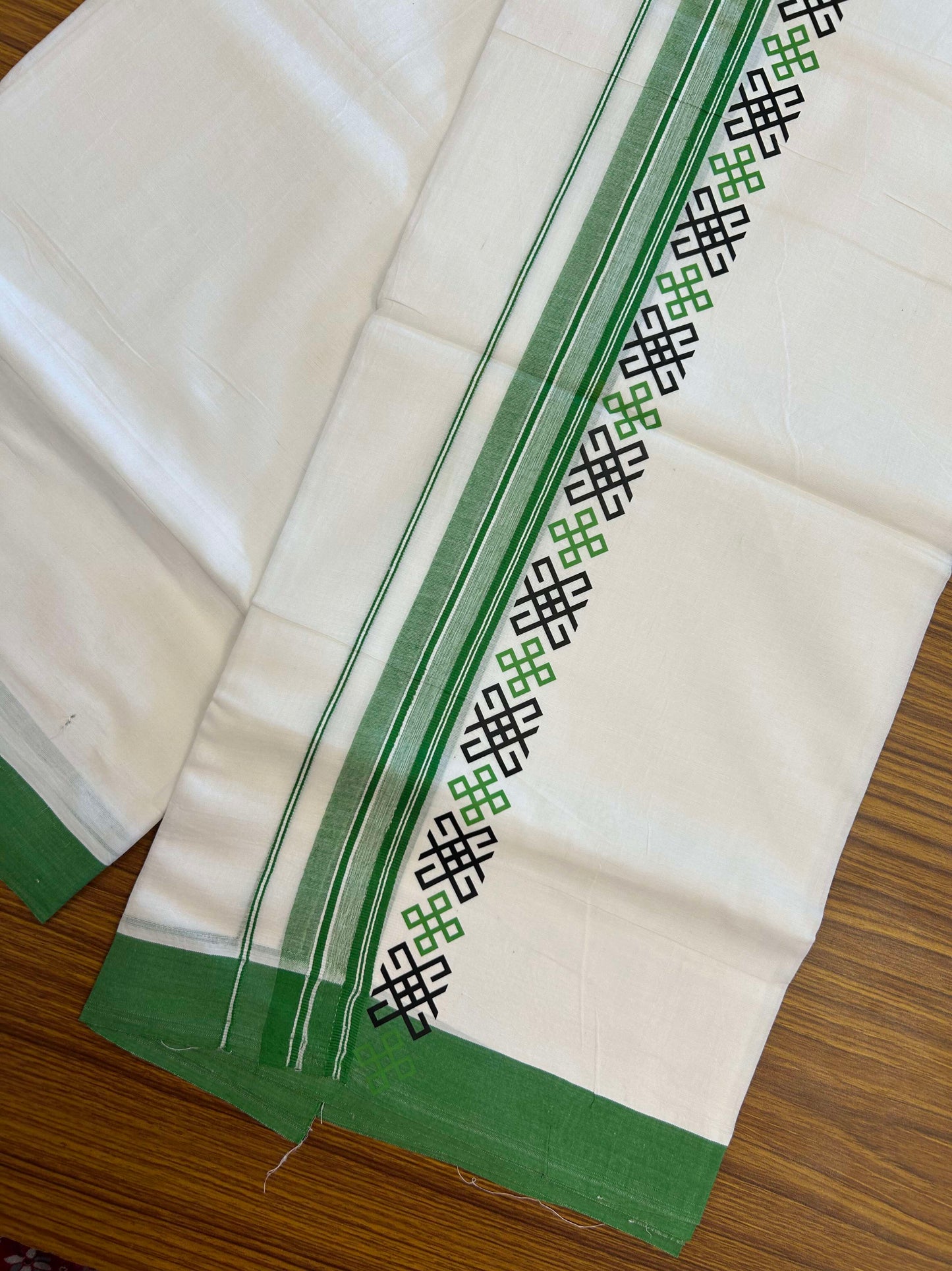 20% Discount ! KaithariKada Balaramapuram Cotton Double Pure white Mundu/Dhoti- 60s - 2.5 inch Black & Green Printed Stripes Design Kara - 3.65 mtr (8 muzham) - 14 KK5309 GAN