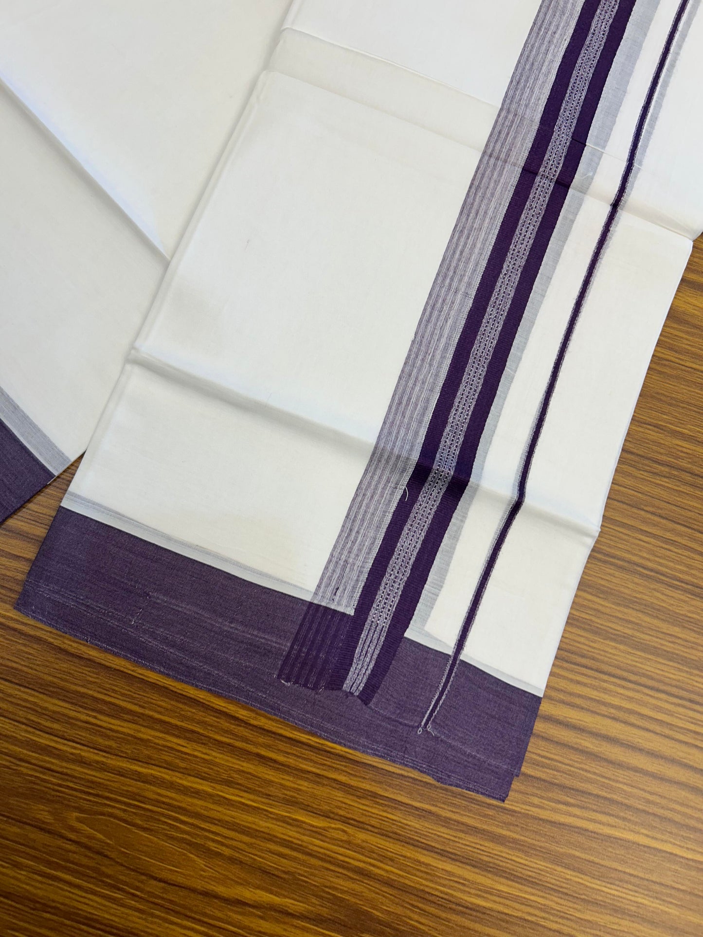 20% Discount ! Kaitharikada Balaramapuram 100% Cotton Pure White Double Mundu/Dothi - 100x80 - 2 inch Dark Violet Shaded Stripes Kara 3.90 m (8 muzham) - 37 KK5364 MC