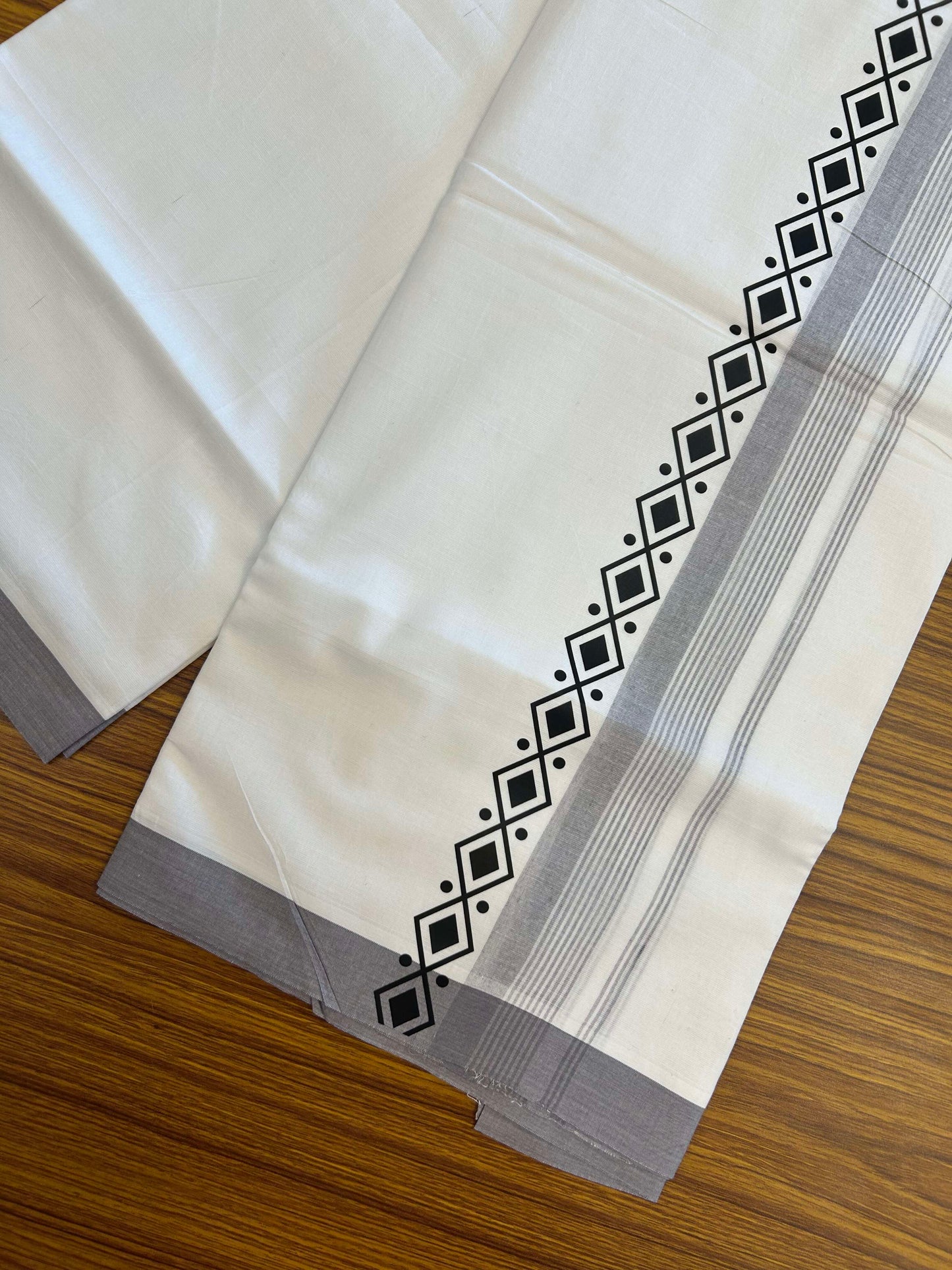 20% Discount ! KaithariKada Balaramapuram Cotton Double Pure white Mundu/Dhoti- 60s - 2.5 inch Grey & Black Printed Shaded Stripes Design Kara - 3.65 mtr (8 muzham) - 20 KK5309 GAN
