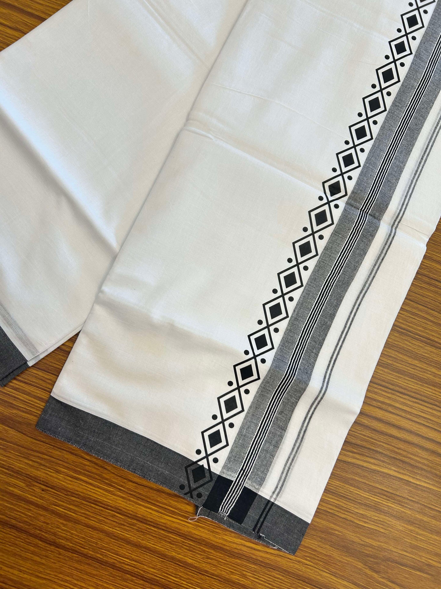 20% Discount ! KaithariKada Balaramapuram Cotton Double Pure white Mundu/Dhoti- 60s - 2.5 inch Black Printed Shaded Stripes Design Kara - 3.65 mtr (8 muzham) - 21 KK5309 GAN