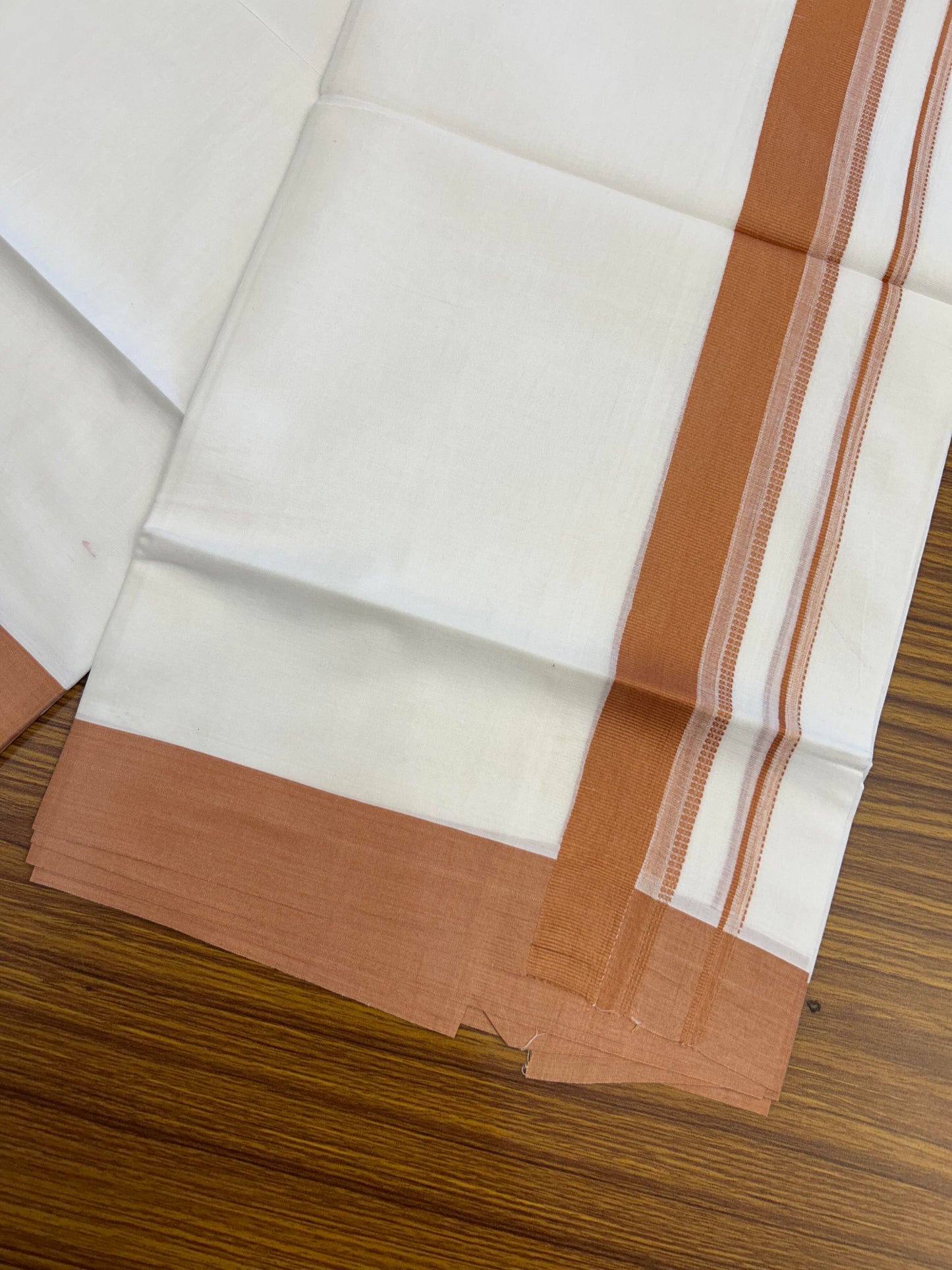 20% Discount ! Kaitharikada Balaramapuram 100% Cotton Pure White Double Mundu/Dothi - 100x80 - 1.5 inch Orange Brown Shaded Stripes Kara 3.90 m (8 muzham) - 44 KK5364 MC