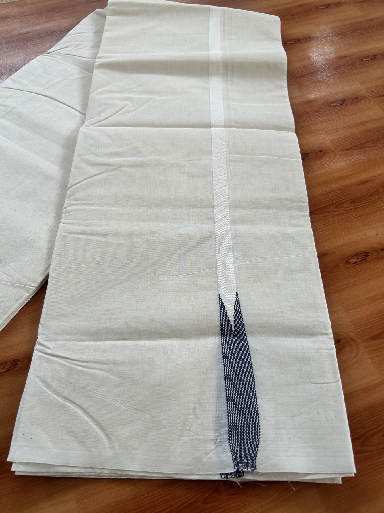 Double Off white Mundu/Dhoti - 23% Discount! KaithariKada Balaramapuram 100% Cotton - 100x100 - 0.5 inch Puliyilakkara Navy Blue Striped Chutty Kara - 4 mtr (8.5 muzham) - 24 KK5401 ASH