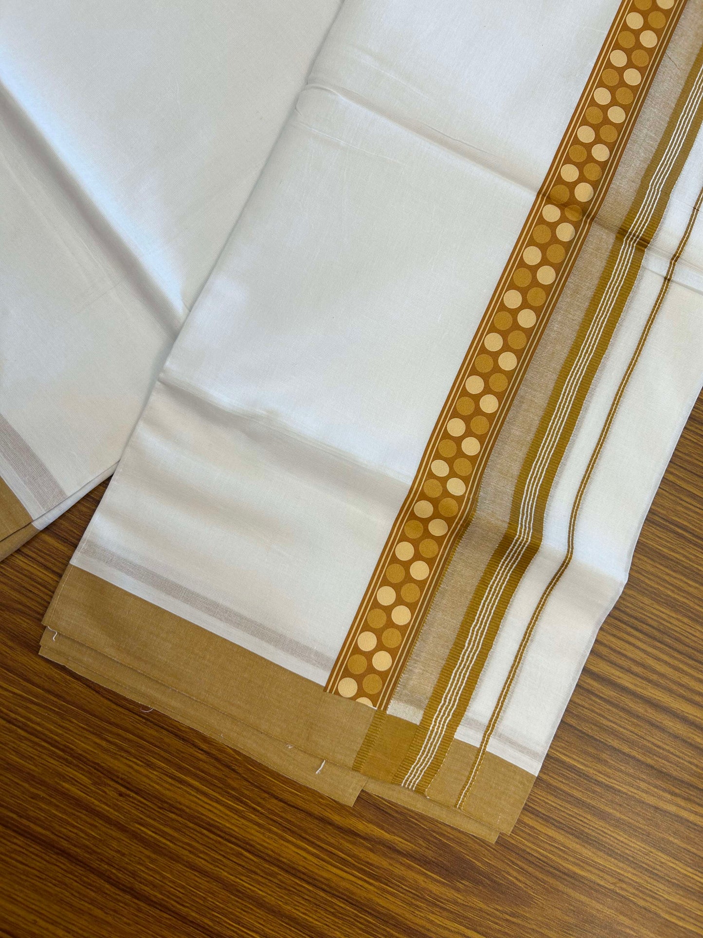 20% Discount ! KaithariKada Balaramapuram Cotton Double Pure white Mundu/Dhoti- 60s - 2.75 inch Mustard Yellow Printed Shaded Stripes Design Kara - 3.65 mtr (8 muzham) - 24 KK5309 GAN