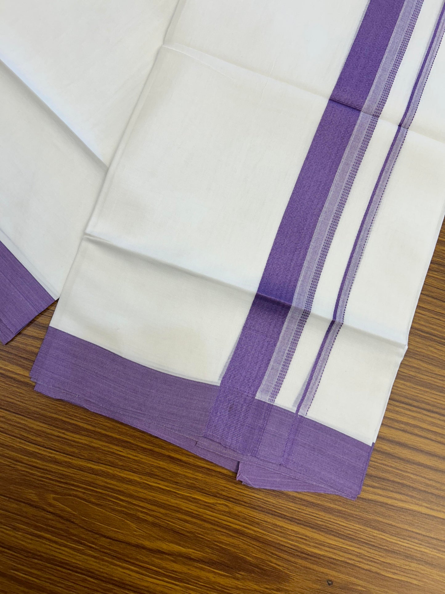 20% Discount ! Kaitharikada Balaramapuram 100% Cotton Pure White Double Mundu/Dothi - 100x80 - 1.5 inch Lavender Shaded Stripes Kara 3.90 m (8 muzham) - 46 KK5364 MC