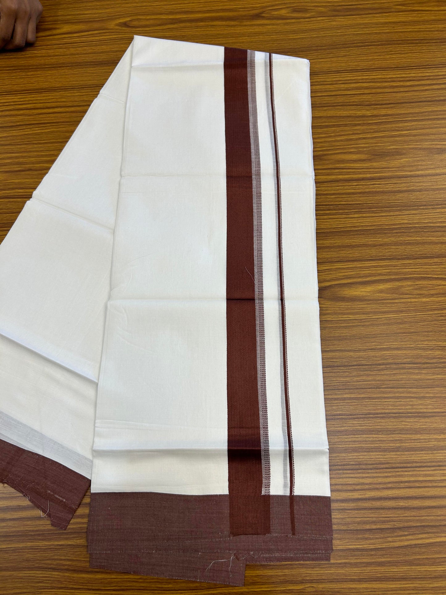 20% Discount ! Kaitharikada Balaramapuram 100% Cotton Pure White Double Mundu/Dothi - 100x80 - 1.5 inch Dark Maroon Shaded Stripes Kara 3.90 m (8 muzham) - 49 KK5364 MC