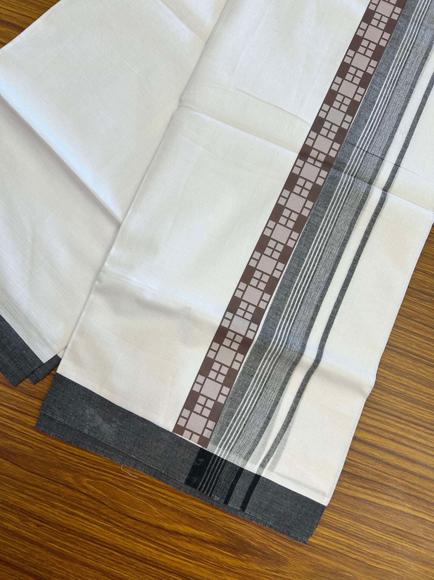 20% Discount ! KaithariKada Balaramapuram Cotton Double Pure white Mundu/Dhoti- 60s - 2.5 inch Black & Brown Printed Shaded Stripes Design Kara - 3.65 mtr (8 muzham) - 29 KK5309 GAN