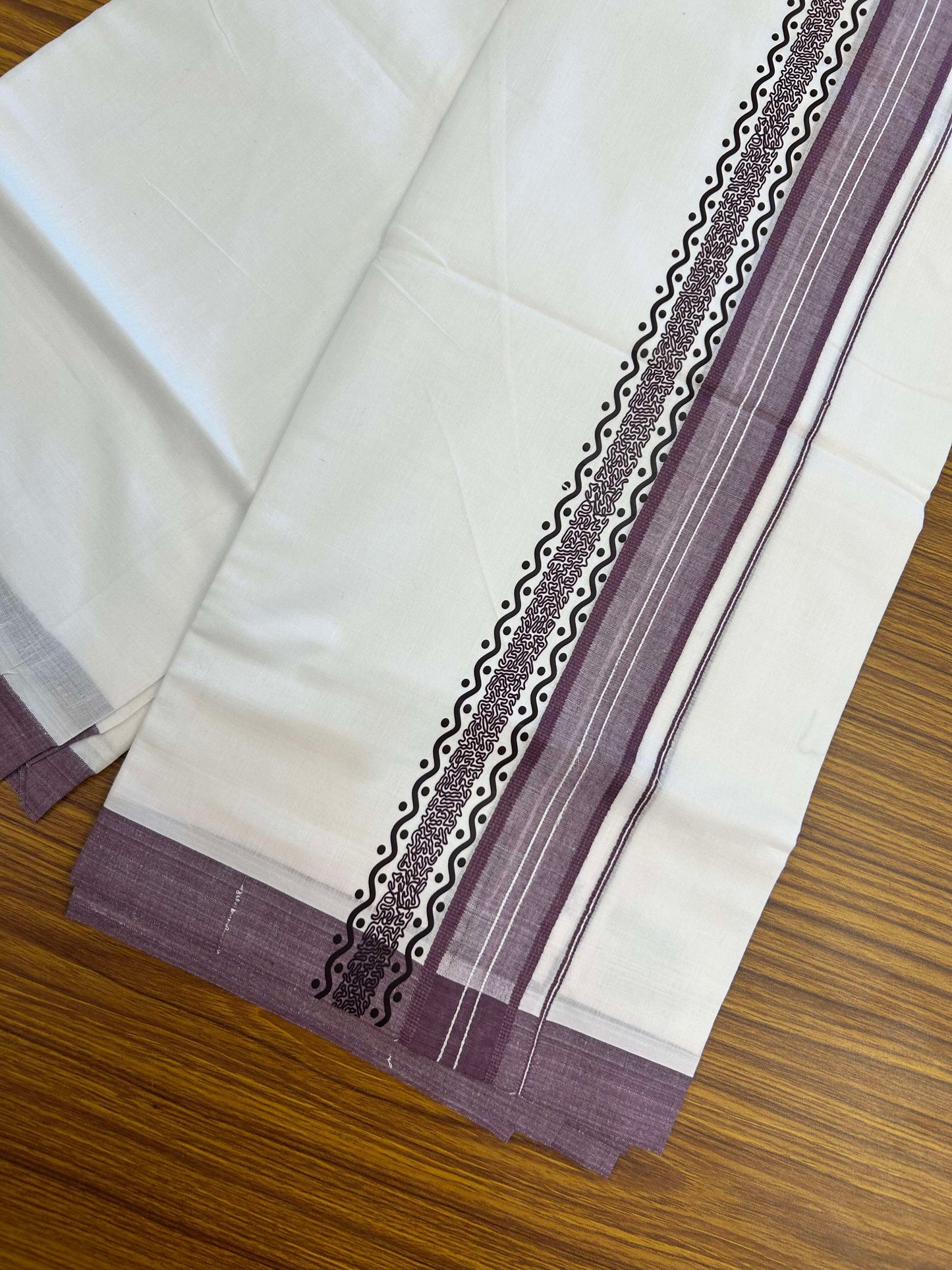 20% Discount ! KaithariKada Balaramapuram Cotton Double Pure white Mundu/Dhoti- 60s - 2.5 inch Purple Printed Shaded Stripes Design Kara - 3.65 mtr (8 muzham) - 30 KK5309 GAN