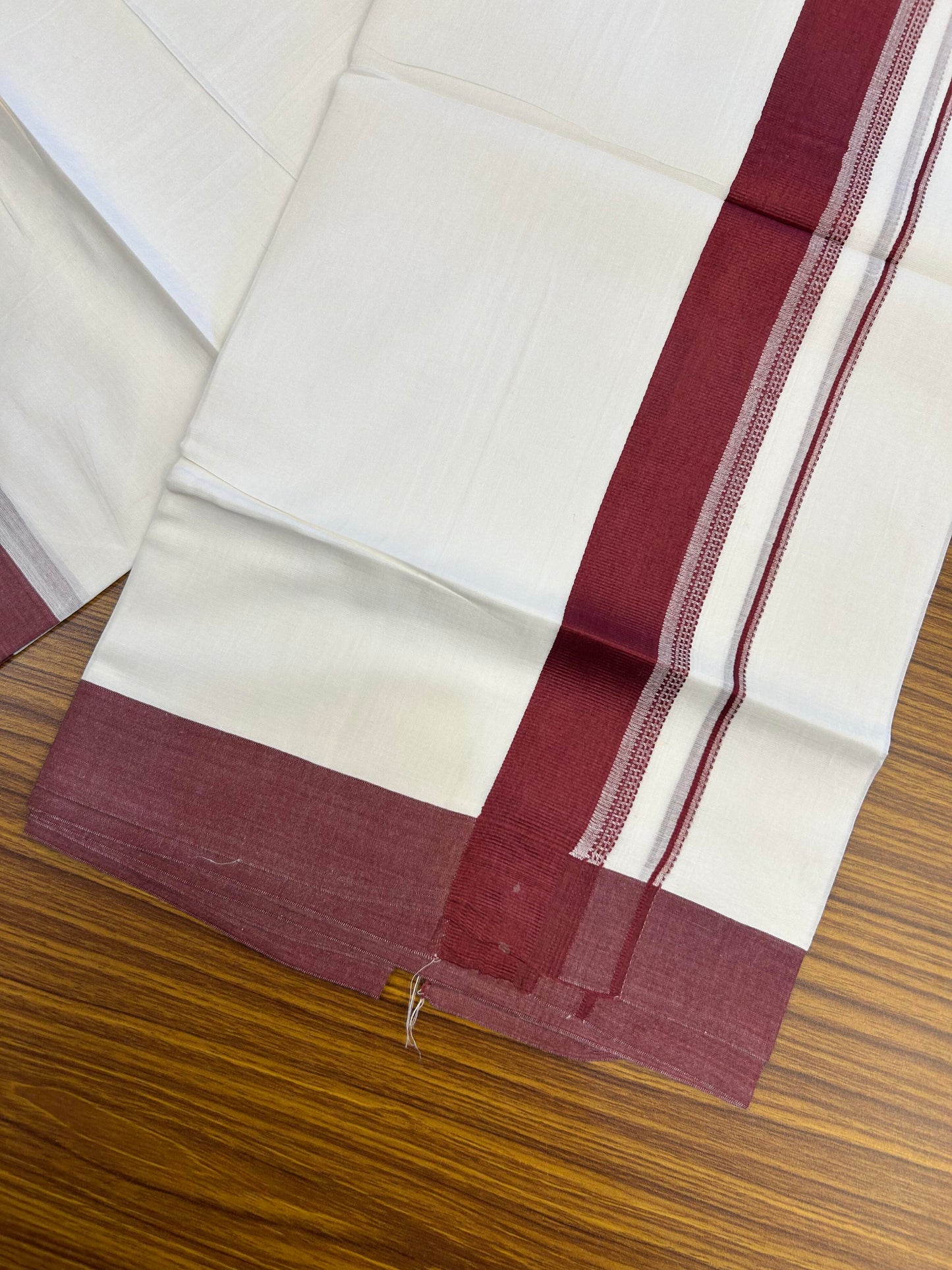 20% Discount ! Kaitharikada Balaramapuram 100% Cotton Pure White Double Mundu/Dothi - 100x80 - 1.5 inch Maroon Shaded Stripes Kara 3.90 m (8 muzham) - 52 KK5364 MC
