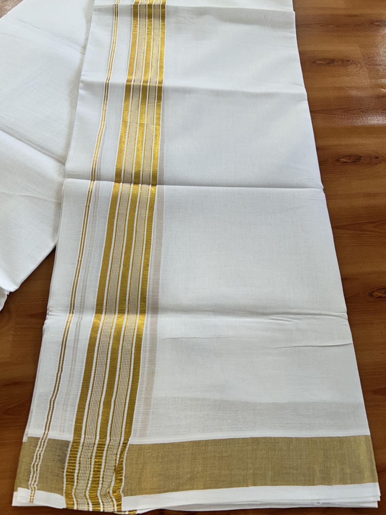 Double Pure White Mundu/Dhoti - 20% Discount!! Kaitharikada Balaramapuram Pure Cotton - 100s - 1.75 inch Gold Kasav Stripes Kara 4 mtr (8.5 Muzham) - 16 KK5406 GAN