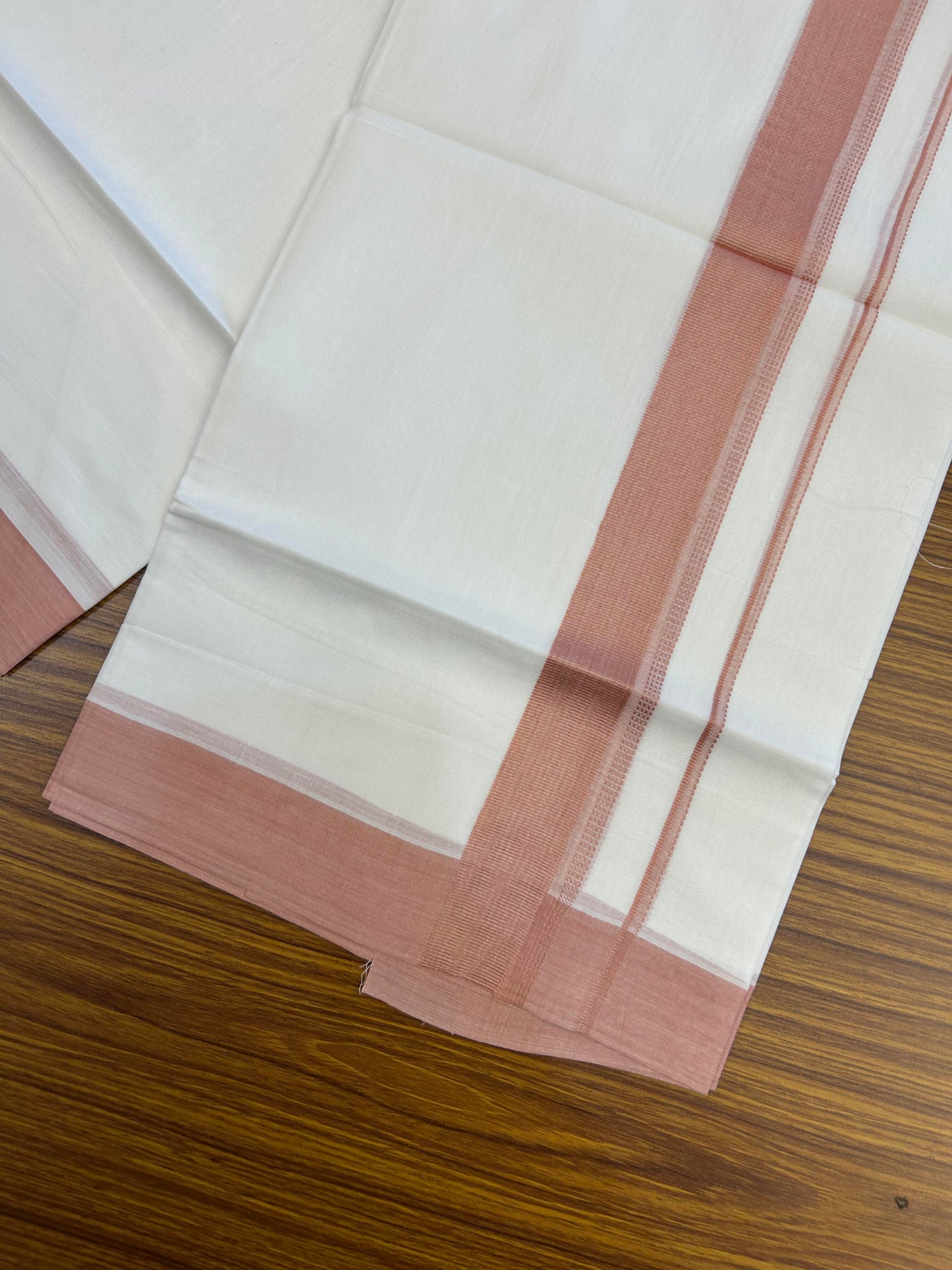 20% Discount ! Kaitharikada Balaramapuram 100% Cotton Pure White Double Mundu/Dothi - 100x80 - 1.5 inch Pinkish Peach Shaded Stripes Kara 3.90 m (8 muzham) - 53 KK5364 MC