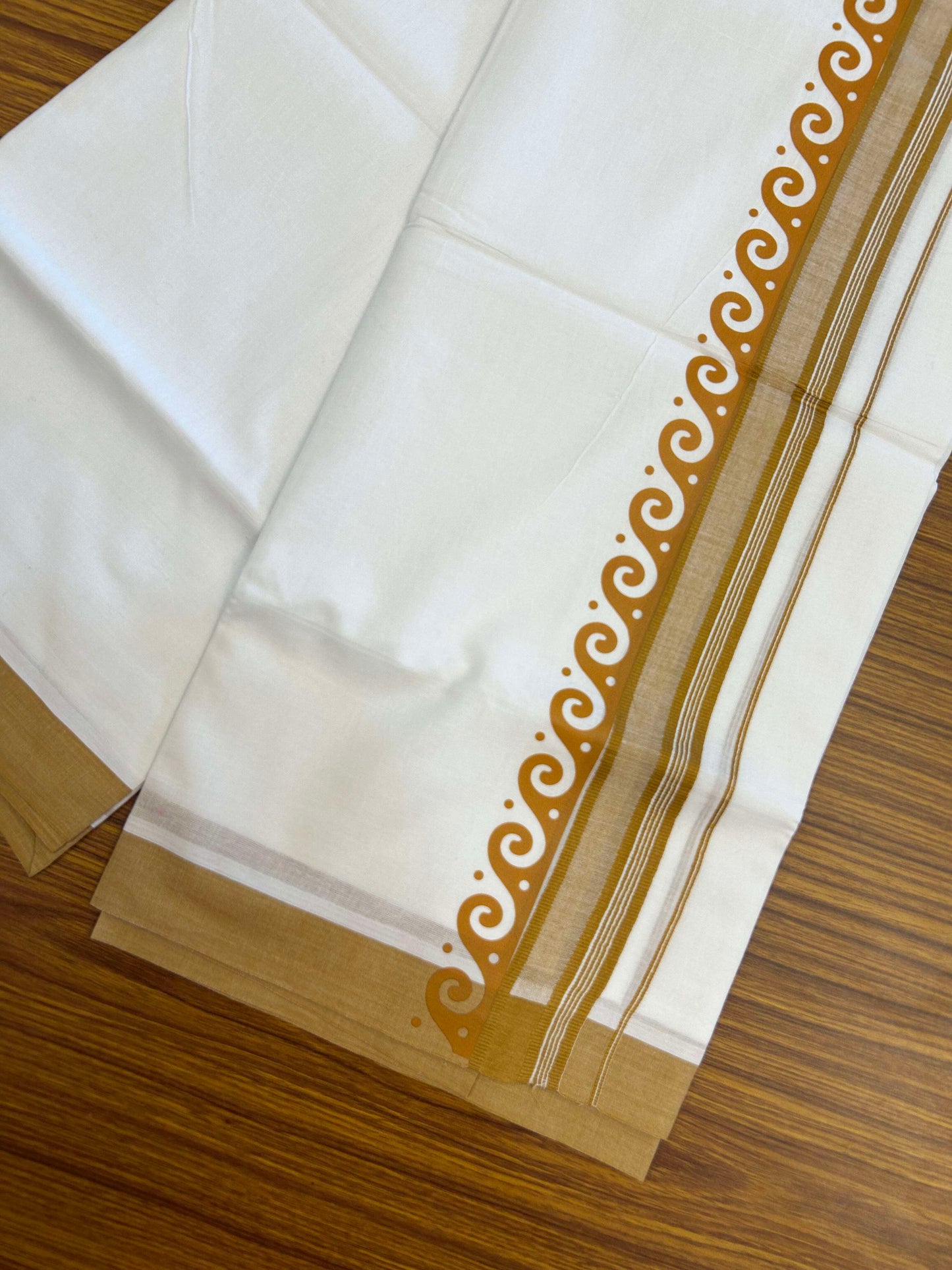 20% Discount ! KaithariKada Balaramapuram Cotton Double Pure white Mundu/Dhoti- 60s - 2.5 inch Mustard Yellow Printed Shaded Stripes Design Kara - 3.65 mtr (8 muzham) - 32 KK5309 GAN