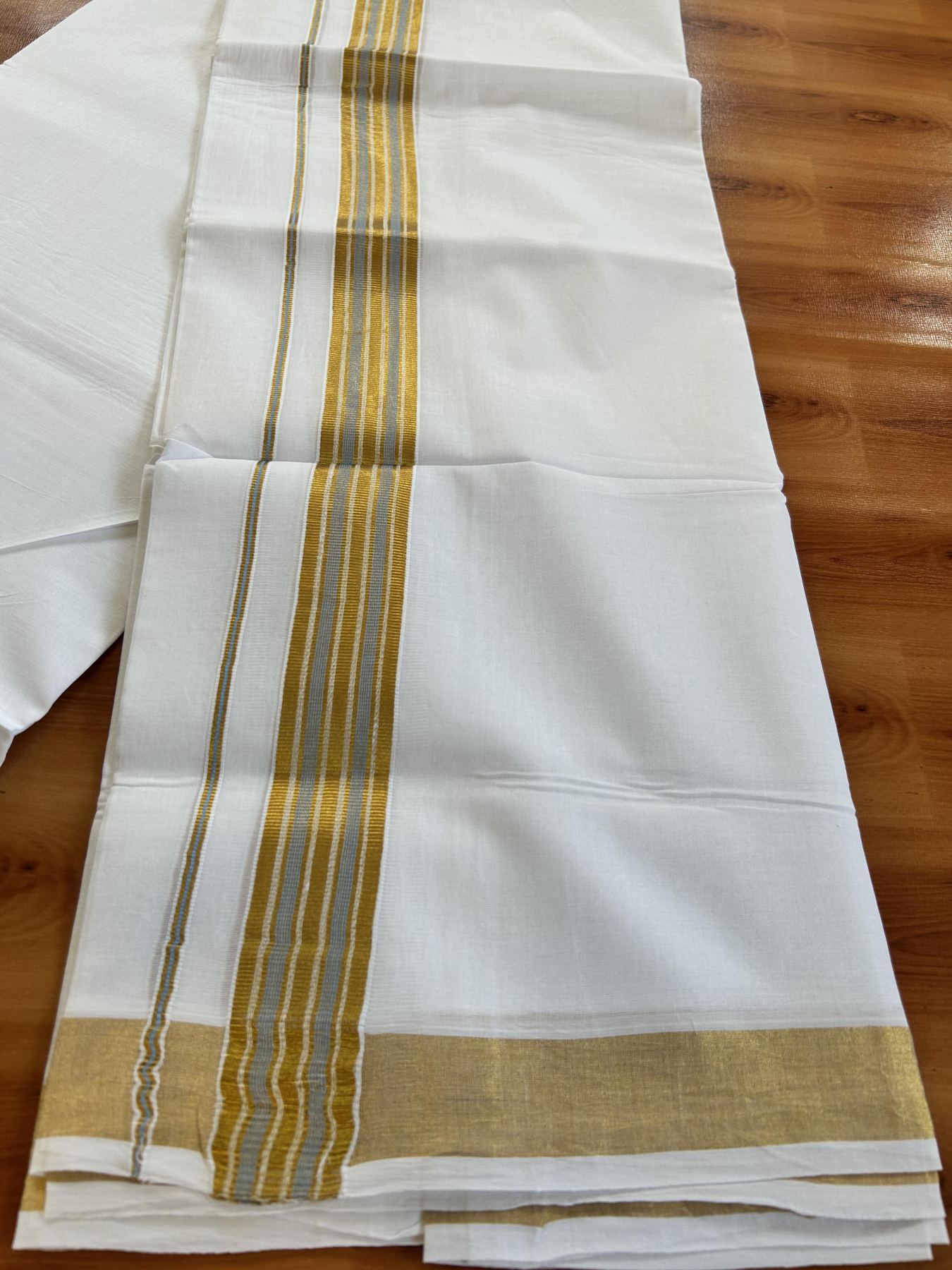 Double Pure White Mundu/Dhoti - 20% Discount!! Kaitharikada Balaramapuram Pure Cotton - 100s - 1.25 inch Ash Blue & Gold Kasav Stripes Kara 4 mtr (8.5 Muzham) - 14 KK5406 GAN