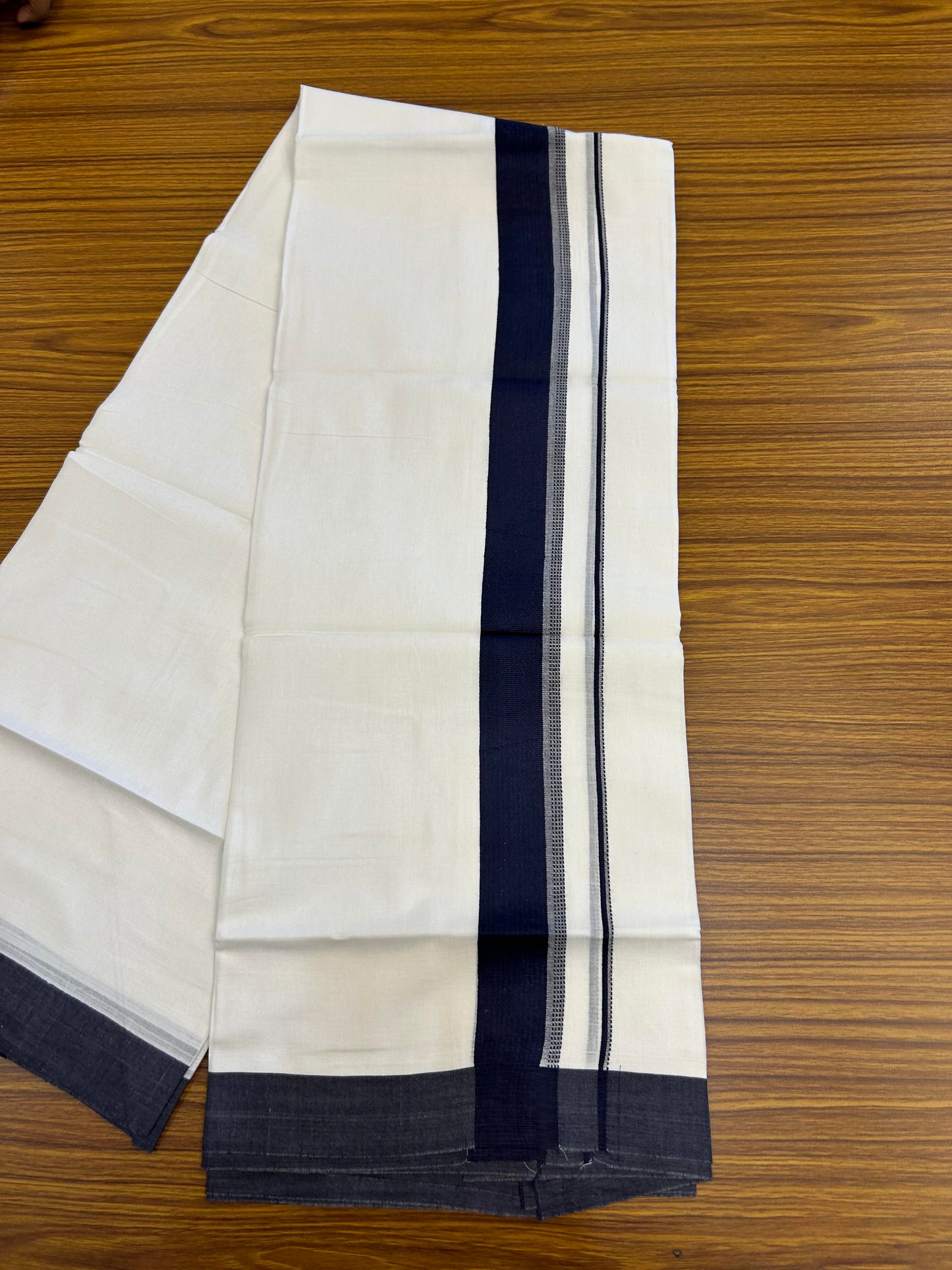 20% Discount ! Kaitharikada Balaramapuram 100% Cotton Pure White Double Mundu/Dothi - 100x80 - 1.5 inch Navy Blue Shaded Stripes Kara 3.90 m (8 muzham) - 54 KK5364 MC