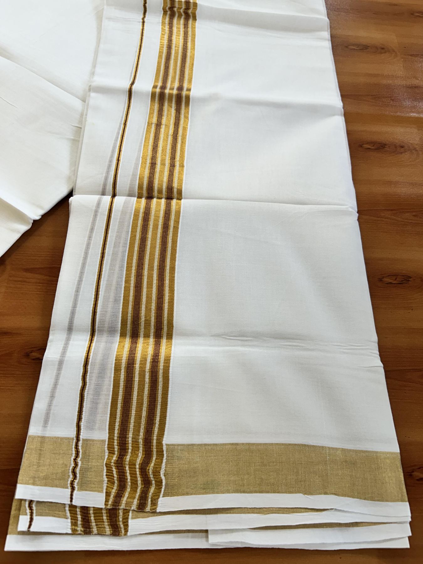 Double Pure White Mundu/Dhoti - 20% Discount!! Kaitharikada Balaramapuram Pure Cotton - 100s - 1.5 inch Maroon & Gold Kasav Stripes Kara 4 mtr (8.5 Muzham) - 12 KK5406 GAN