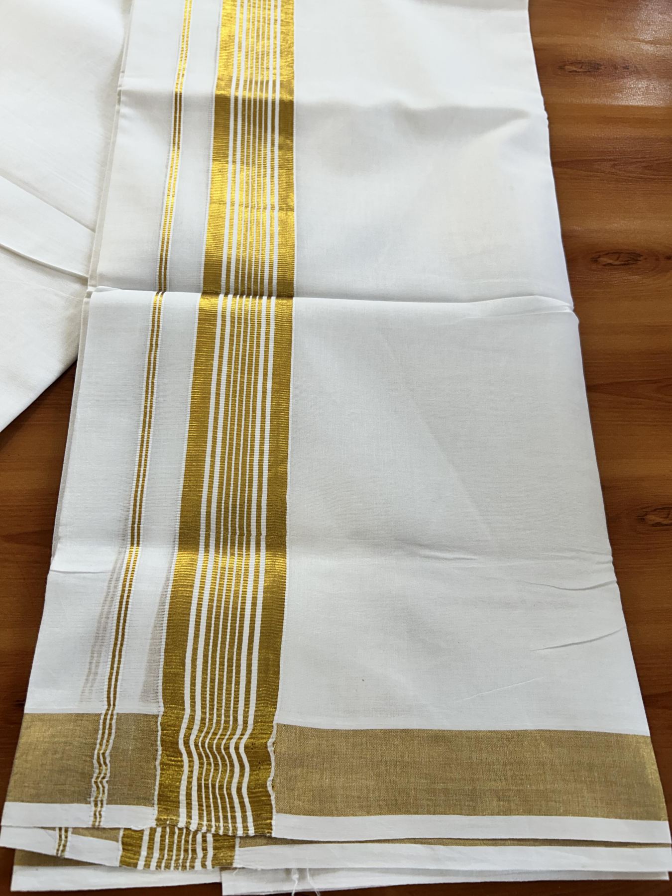 Double Pure White Mundu/Dhoti - 20% Discount!! Kaitharikada Balaramapuram Pure Cotton - 100s - 1.5 inch Gold Kasav Stripes Design Kara 4 mtr (8.5 Muzham) - 11 KK5406 GAN