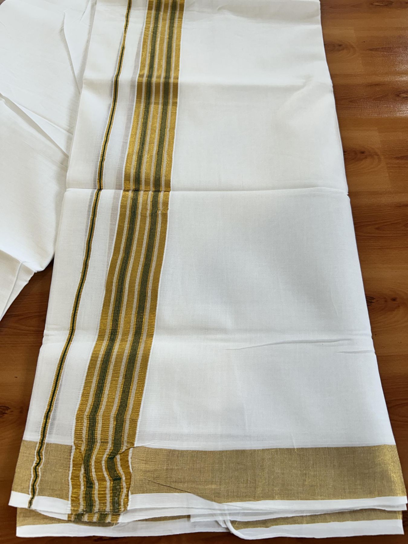 Double Pure White Mundu/Dhoti - 20% Discount!! Kaitharikada Balaramapuram Pure Cotton - 100s - 1.5 inch Dark Green & Gold Kasav Stripes Kara 4 mtr (8.5 Muzham) - 15 KK5406 GAN