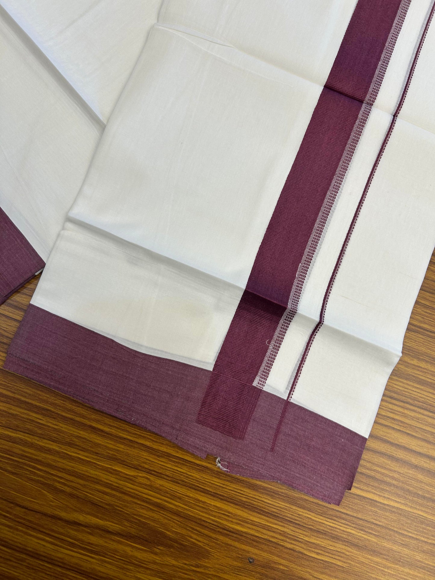 20% Discount ! Kaitharikada Balaramapuram 100% Cotton Pure White Double Mundu/Dothi - 100x80 - 1.5 inch Wine Purple Shaded Stripes Kara 3.90 m (8 muzham) - 57 KK5364 MC