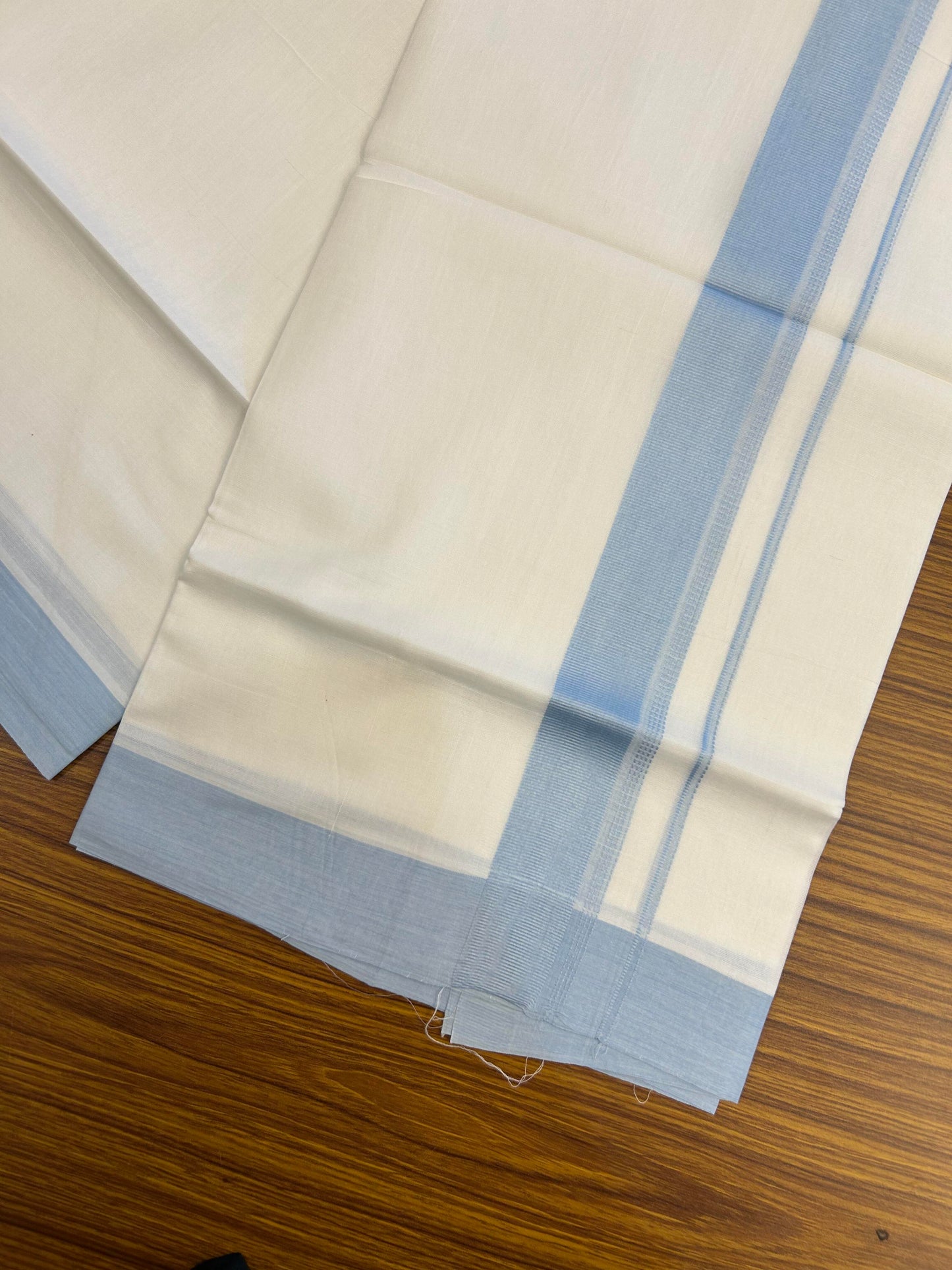 20% Discount ! Kaitharikada Balaramapuram 100% Cotton Pure White Double Mundu/Dothi - 100x80 - 1.5 inch Light Blue Shaded Stripes Kara 3.90 m (8 muzham) - 58 KK5364 MC