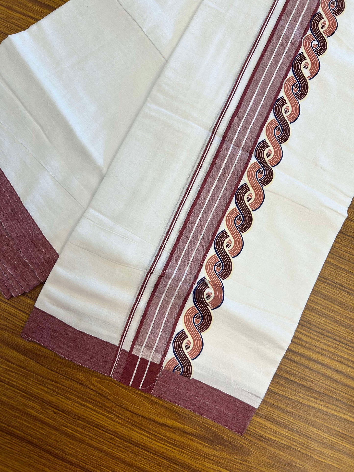 20% Discount ! KaithariKada Balaramapuram Cotton Double Pure white Mundu/Dhoti- 60s - 2.75 inch Multi Colour & Light Maroon Printed Shaded Stripes Design Kara - 3.65 mtr (8 muzham) - 39 KK5309 GAN