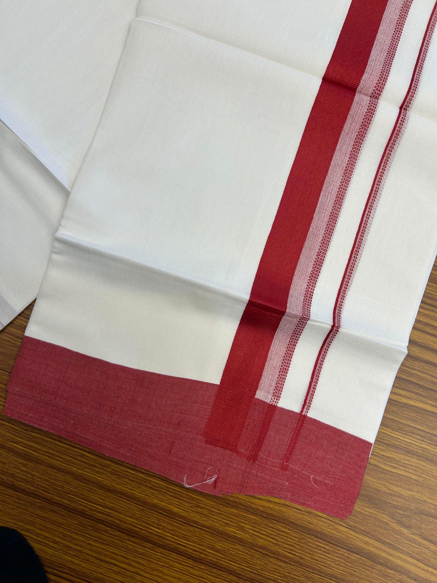 20% Discount ! Kaitharikada Balaramapuram 100% Cotton Pure White Double Mundu/Dothi - 100x80 - 1.5 inch Red Shaded Stripes Kara 3.90 m (8 muzham) - 59 KK5364 MC