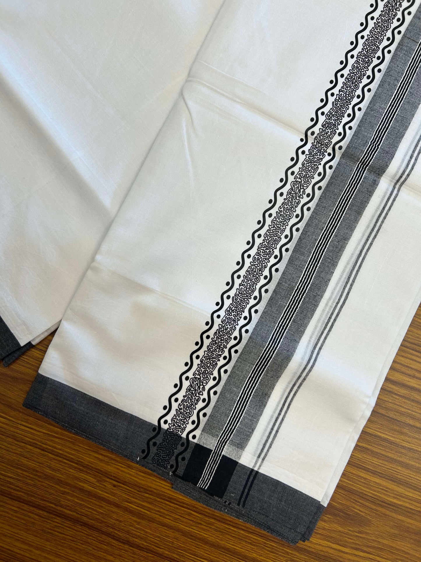 20% Discount ! KaithariKada Balaramapuram Cotton Double Pure white Mundu/Dhoti- 60s - 2.75 inch Black Printed Shaded Stripes Design Kara - 3.65 mtr (8 muzham) - 40 KK5309 GAN