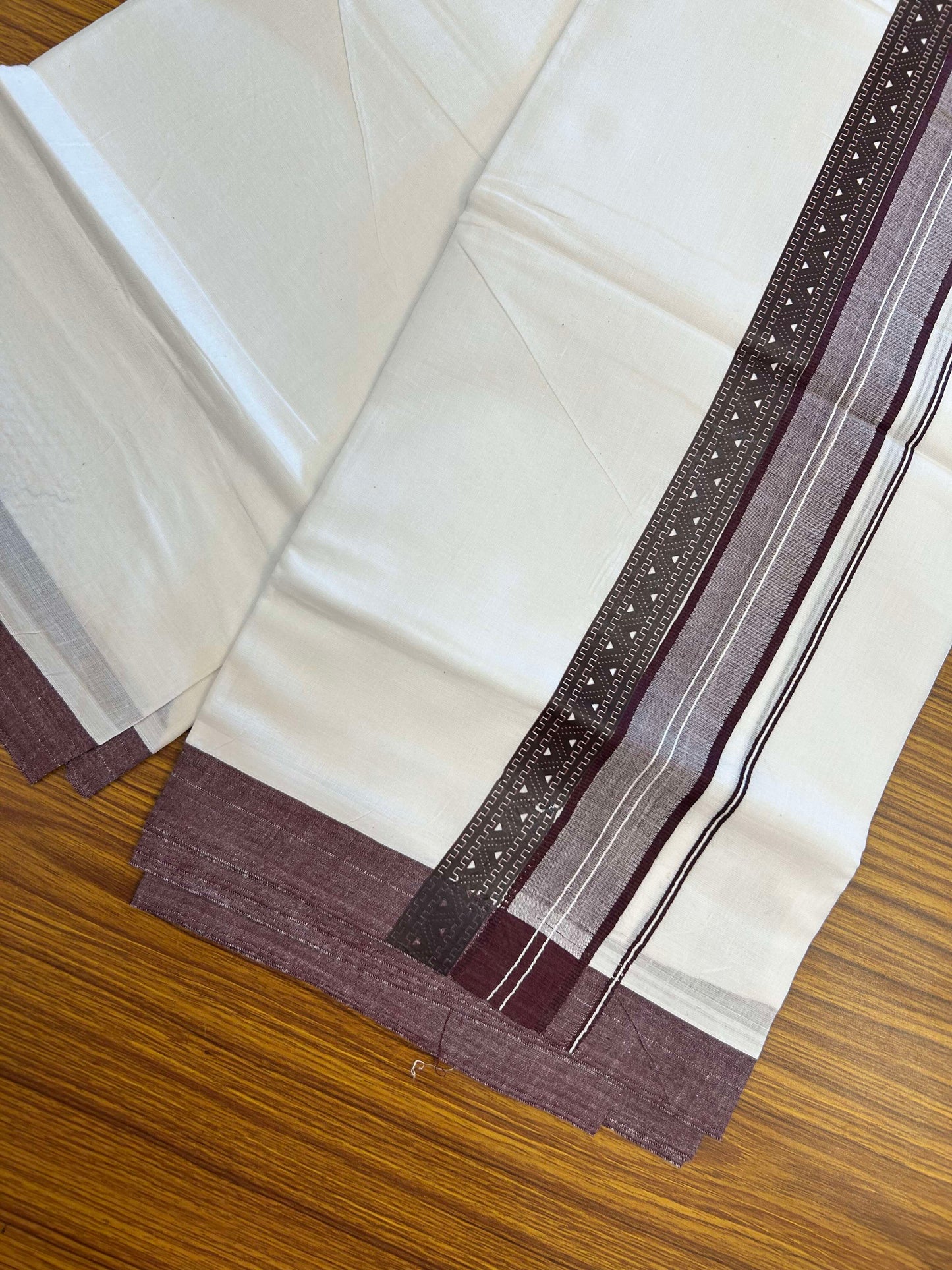 20% Discount ! KaithariKada Balaramapuram Cotton Double Pure white Mundu/Dhoti- 60s - 2.5 inch Wine Purple Printed Shaded Stripes Design Kara - 3.65 mtr (8 muzham) - 41 KK5309 GAN