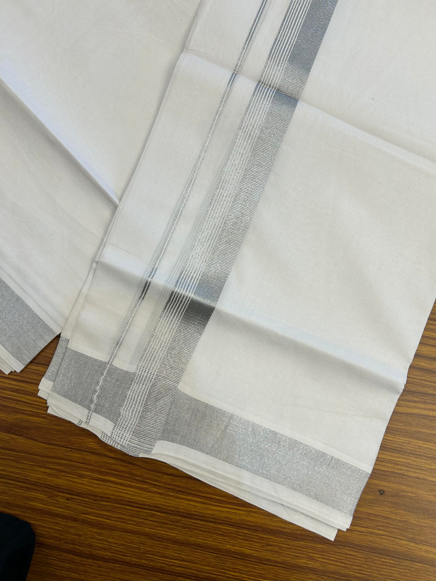 20% Discount ! Kaitharikada Balaramapuram 100% Cotton Pure White Double Mundu/Dothi - 100x80 - 1.25 inch Silver Kasav Striped Kara 3.90 m (8 muzham) - 89 KK5364 MC