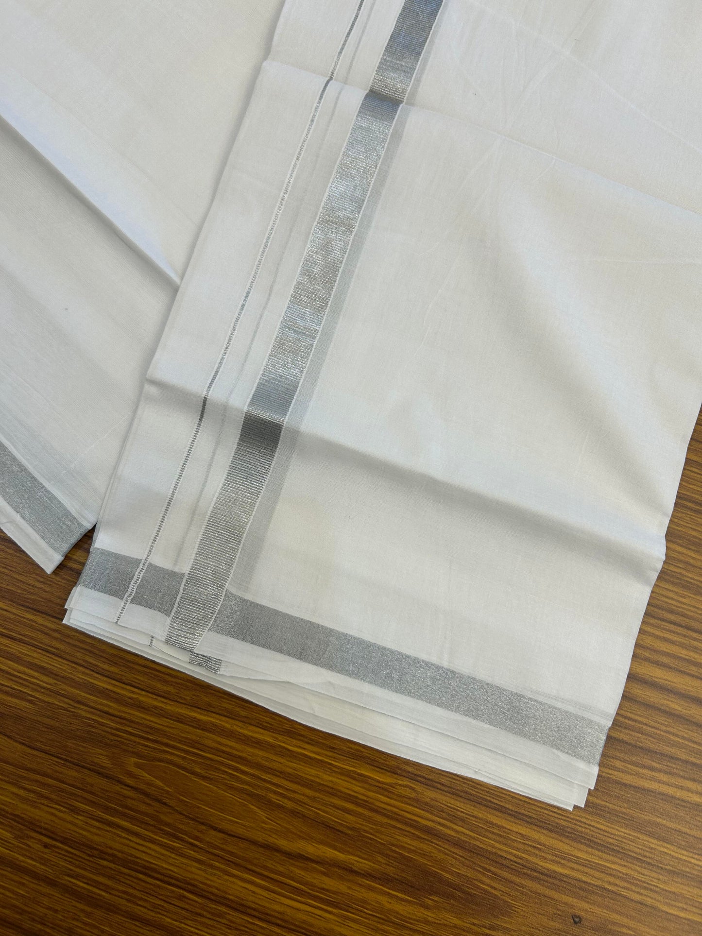 20% Discount ! KaithariKada Balaramapuram 100% Cotton Double Pure white Mundu/Dhoti - 100x80 - 1 inch Silver Kasav Kara 3.90 M(8 Muzham) - 84 KK5364 MC