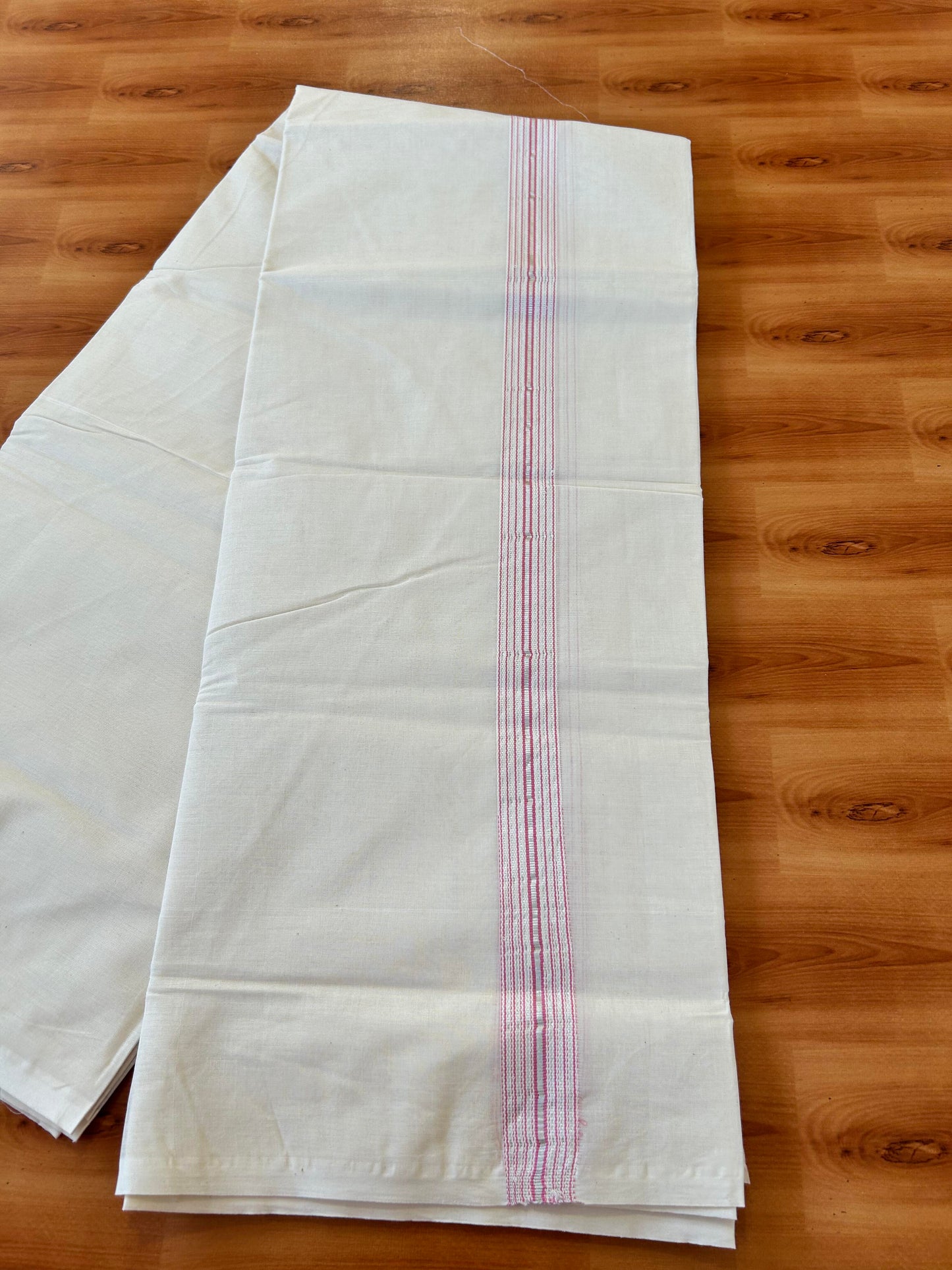 Double Off white Mundu/Dhoti - 20% Discount! KaithariKada Balaramapuram - 100% Cotton 100x100 - 1.25 inch Puliyilakkara Silver Kasav & Pink 12 Line Chutty Kara - 4 mtr (8.5 muzham) - 7 KK5457 ASH