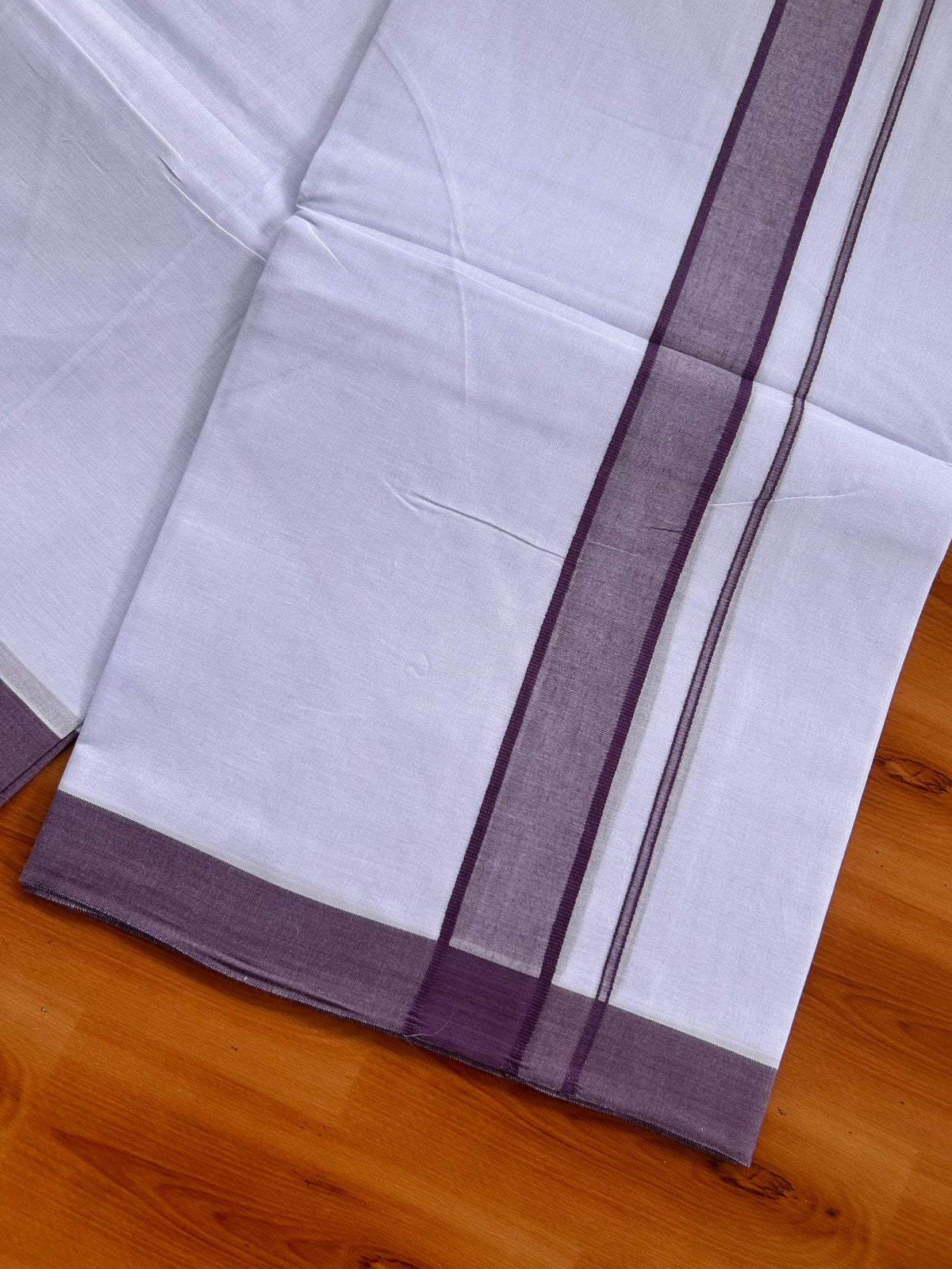 Blue Dyed Pure White Double Mundu/Dhoti - 20% Discount ! Kaitharikada Pure Cotton - 80s - 1.5 inch Dark Purple Shaded Kara 3.85 mtr (8 muzham) - 7 KK5525 MRH