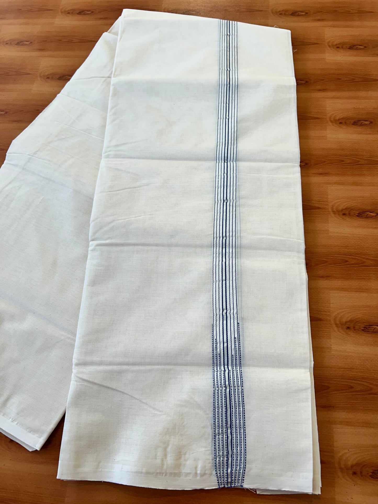 Double Off white Mundu/Dhoti - 20% Discount! KaithariKada Balaramapuram - 100% Cotton 100x100 - 1.25 inch Puliyilakkara Silver Kasav & Ash Blue 12 Line Chutty Kara - 4 mtr (8.5 muzham) - 8 KK5457 ASH