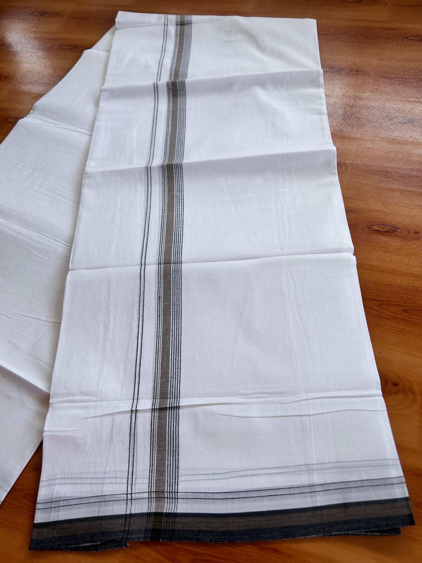 Pure White Double Mundu/Dhoti - 20% Discount ! Kaitharikada 100% Cotton - 100x80 - 0.75 inch Black & Brown Stripes Kara 3.90 mtr (8.5 muzham) - 15 KK5490 VAS